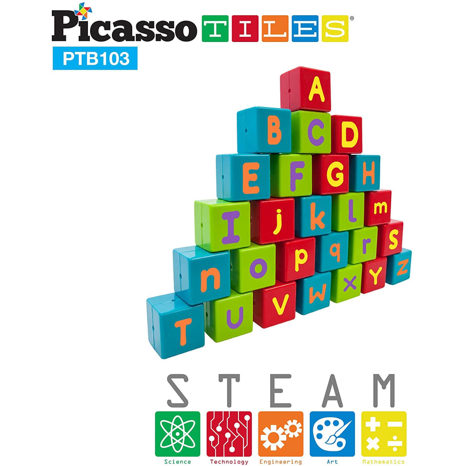 PicassoTiles Alphabet and Numbers Train 103 Piece Building Set