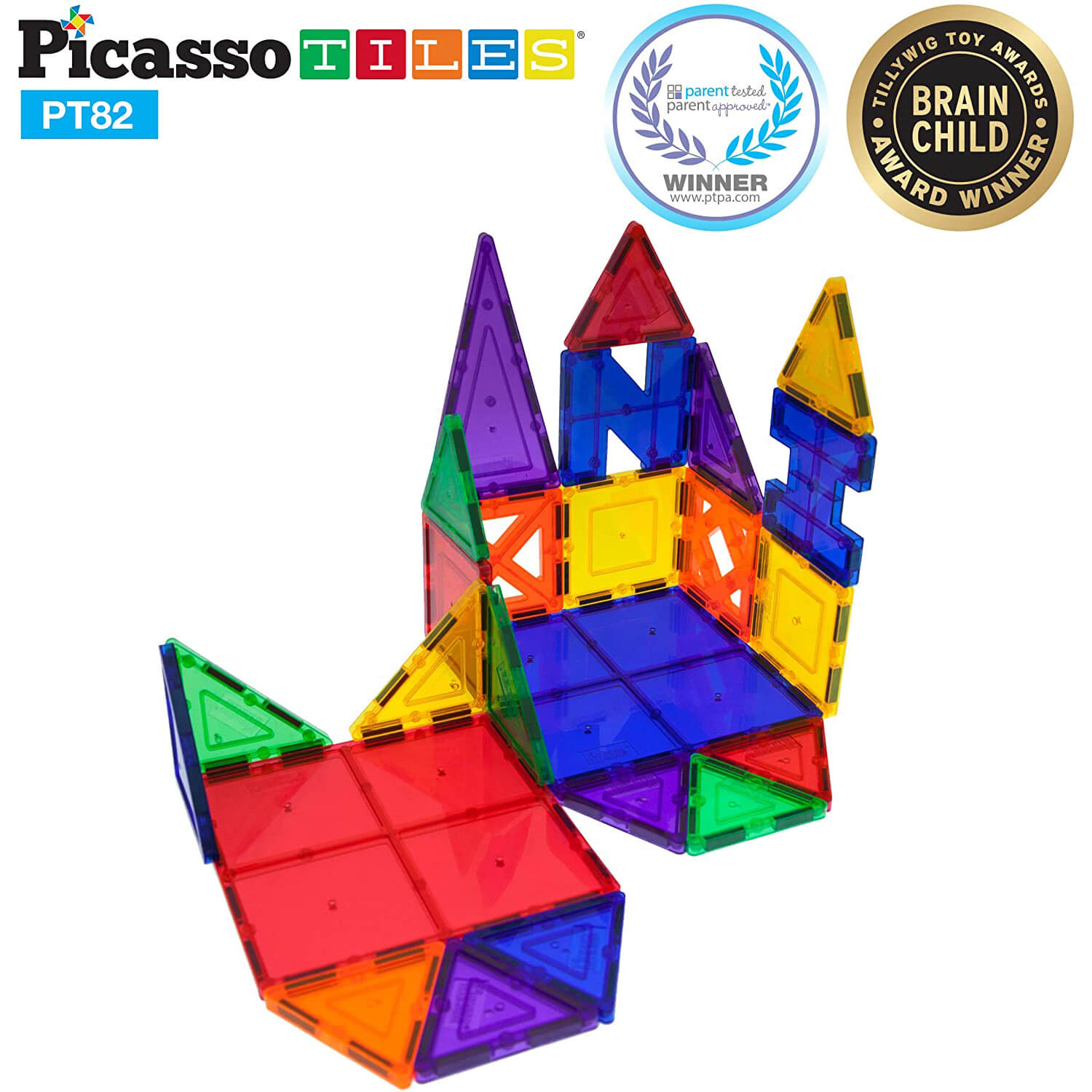 PicassoTiles Magentic Tiles 82 Piece Building Set with 2 Cars