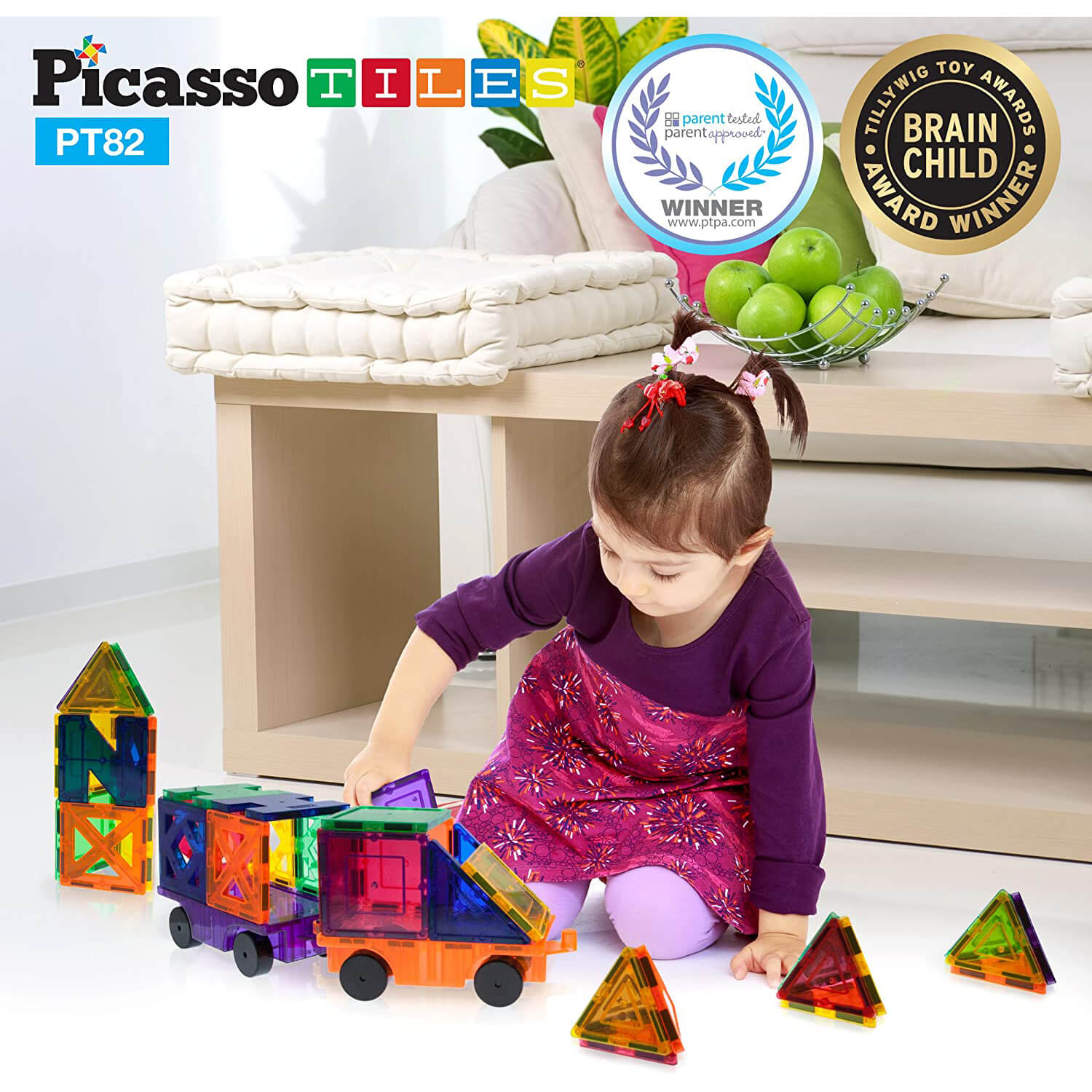 PicassoTiles Magentic Tiles 82 Piece Building Set with 2 Cars