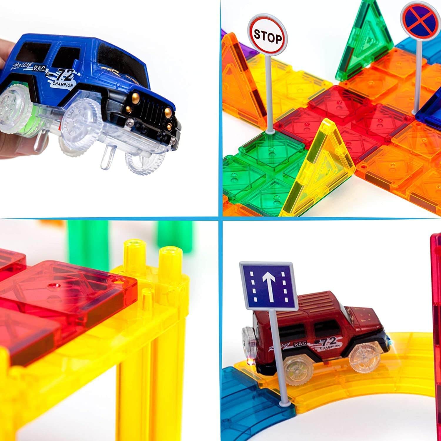 PicassoTiles Magnetic Tiles Race Track Building Set with 2 LED Cars