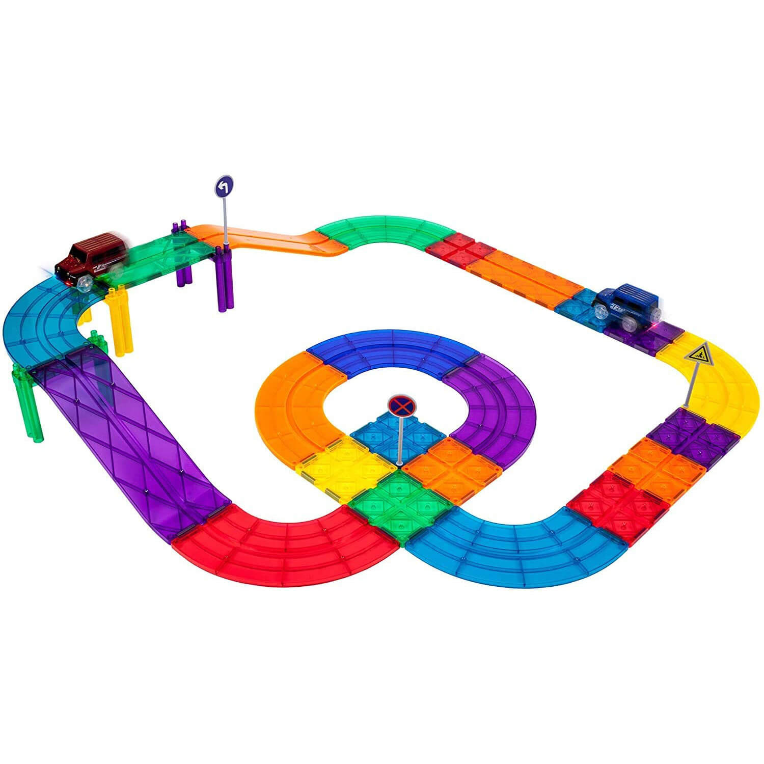 PicassoTiles Magnetic Tiles Race Track Building Set with 2 LED Cars