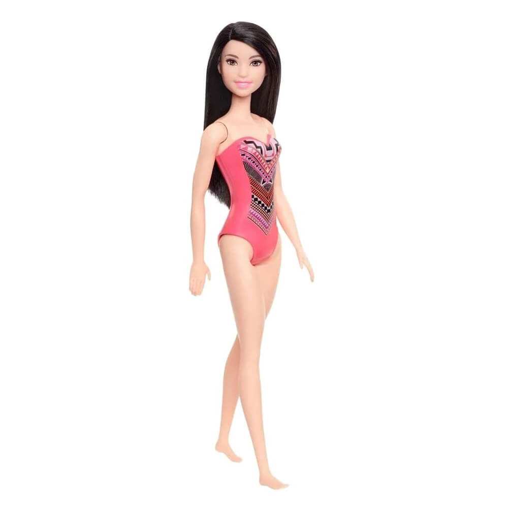 Barbie Brunette Wearing Pink Geometric Swimsuit