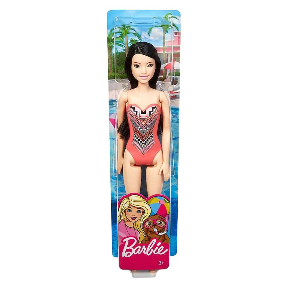 Barbie Brunette Wearing Pink Geometric Swimsuit