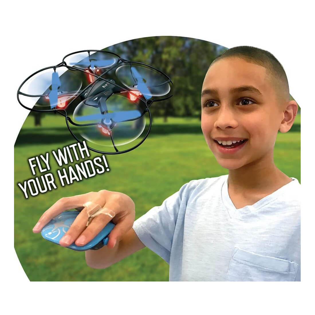 Kid playing with the drone while piloting with his hands.