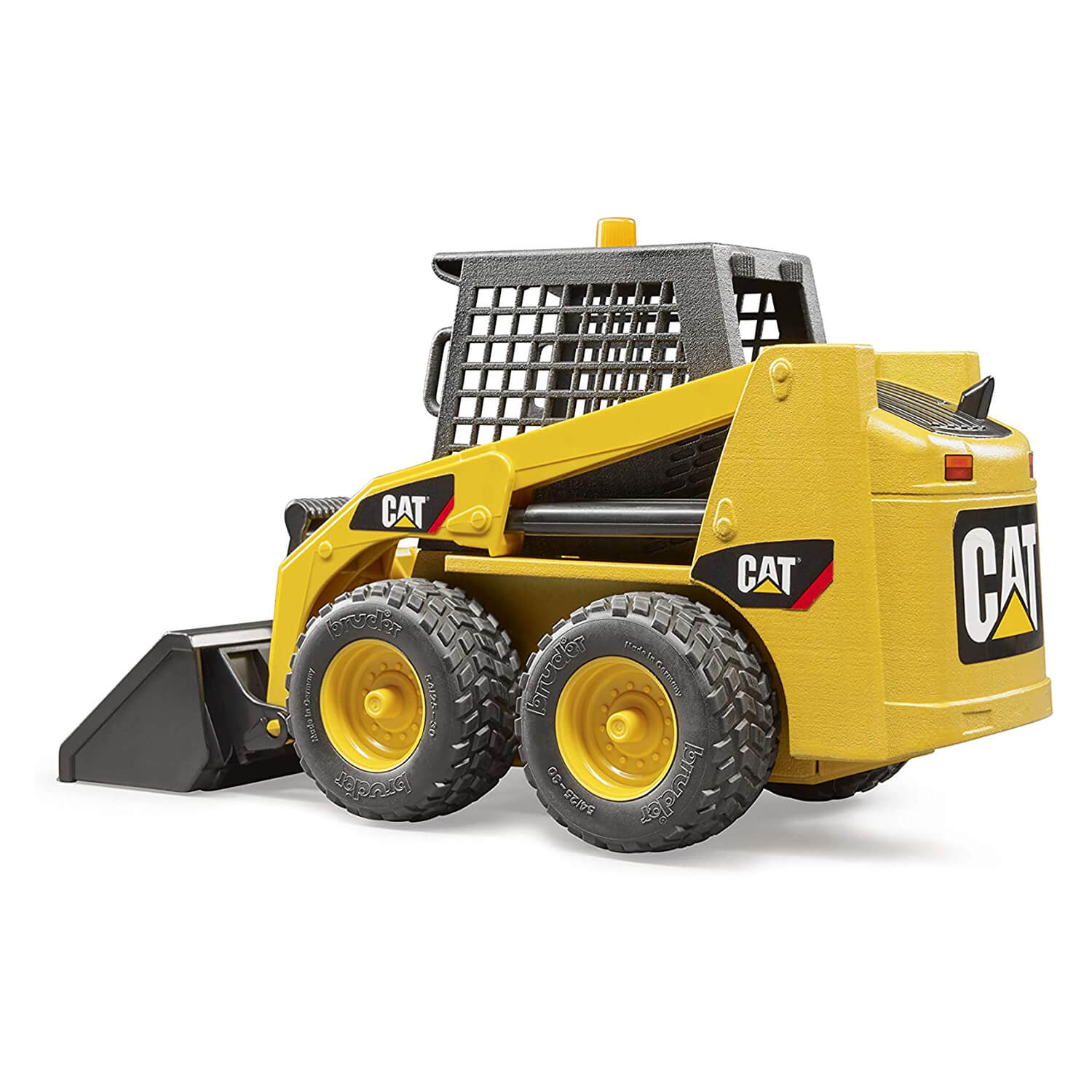 Rear quarter angle view of the Bruder CAT skid steer loader.