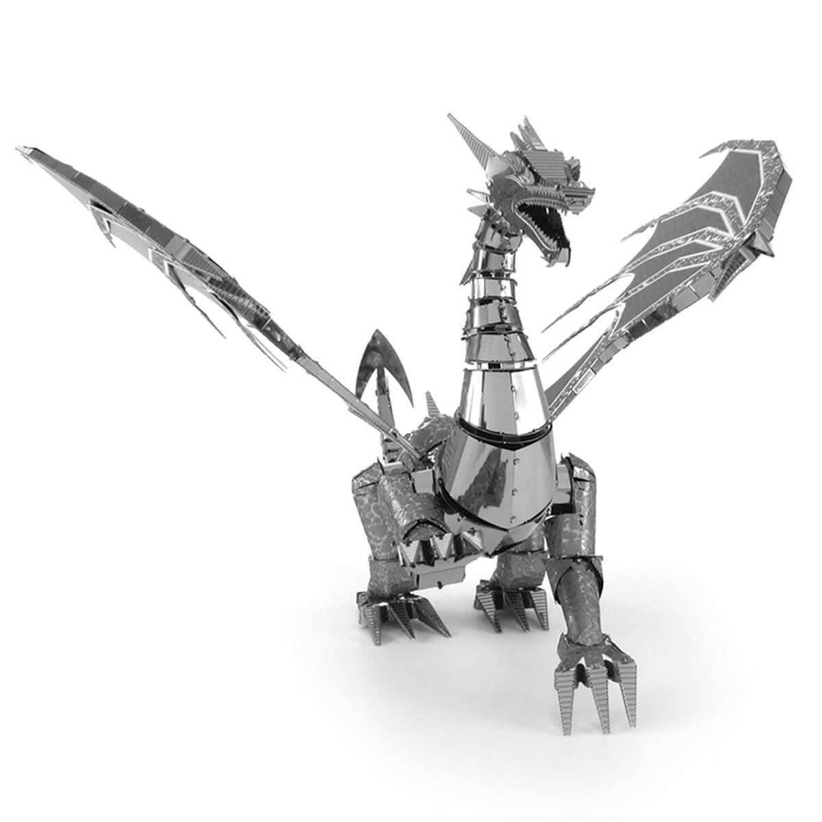 Front view of the Metal Earth Premium Iconx Silver Dragon Metal Model Kit - 3 Sheets.