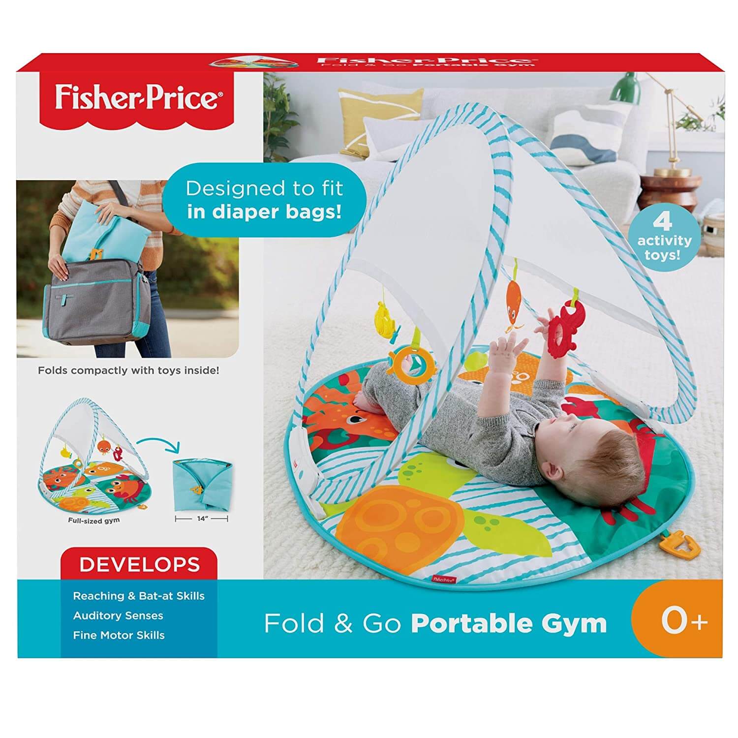 Front view of the Fisher-Price Fold and Go Portable Gym packaging.