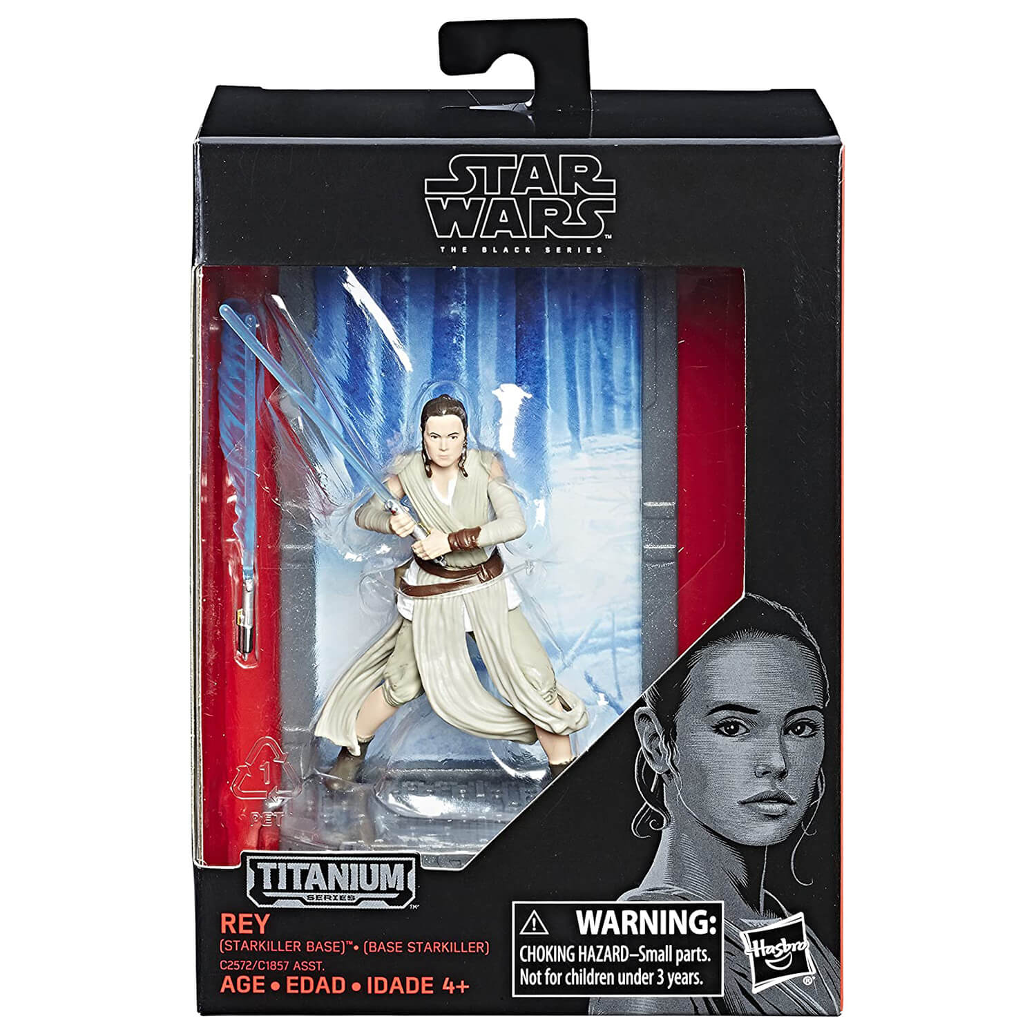 Front view of the Star Wars The Last Jedi The Black Series Titanium Series Rey package.