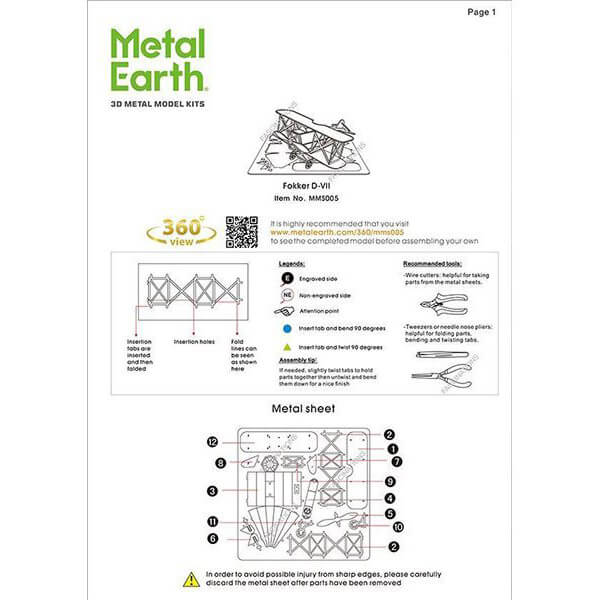 Metal Earth Fokker D-VII Plane 1 Sheet Metal Model Kit