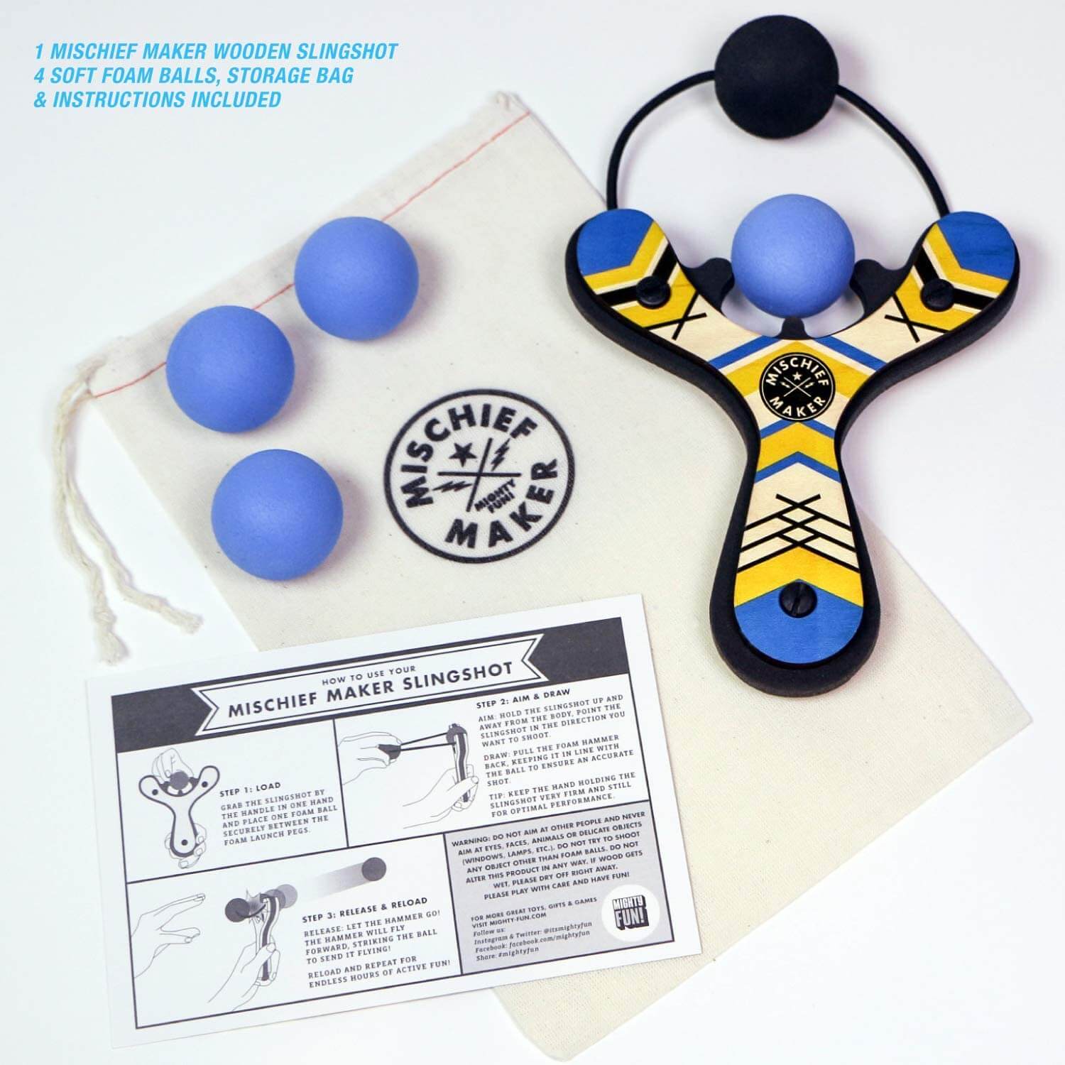 Mighty Fun Mischief Maker Blue Slingshot with 4 Balls