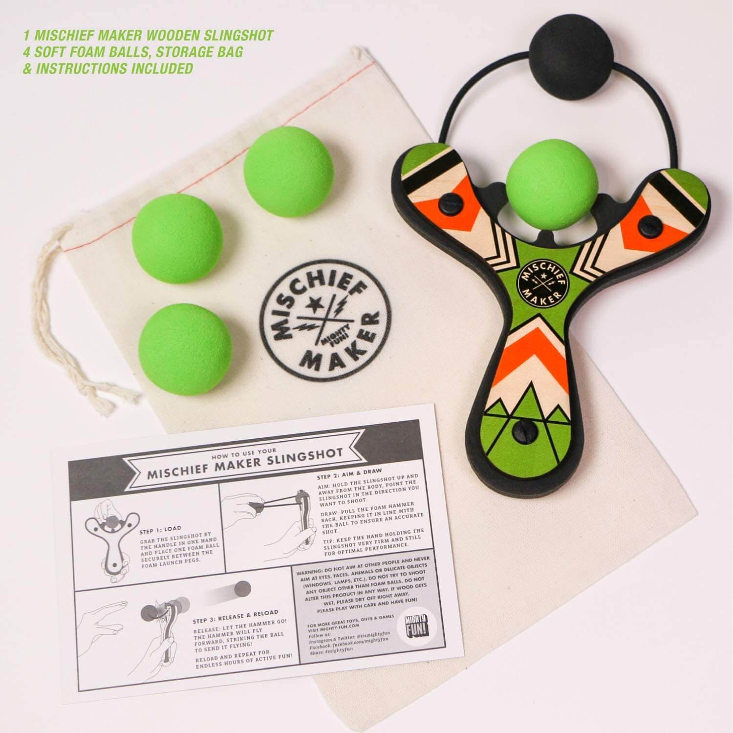 Mighty Fun Mischief Maker Green Slingshot with 4 Balls