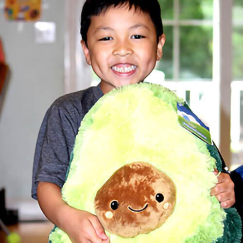 Boy hugs this Squishable massive avocado.