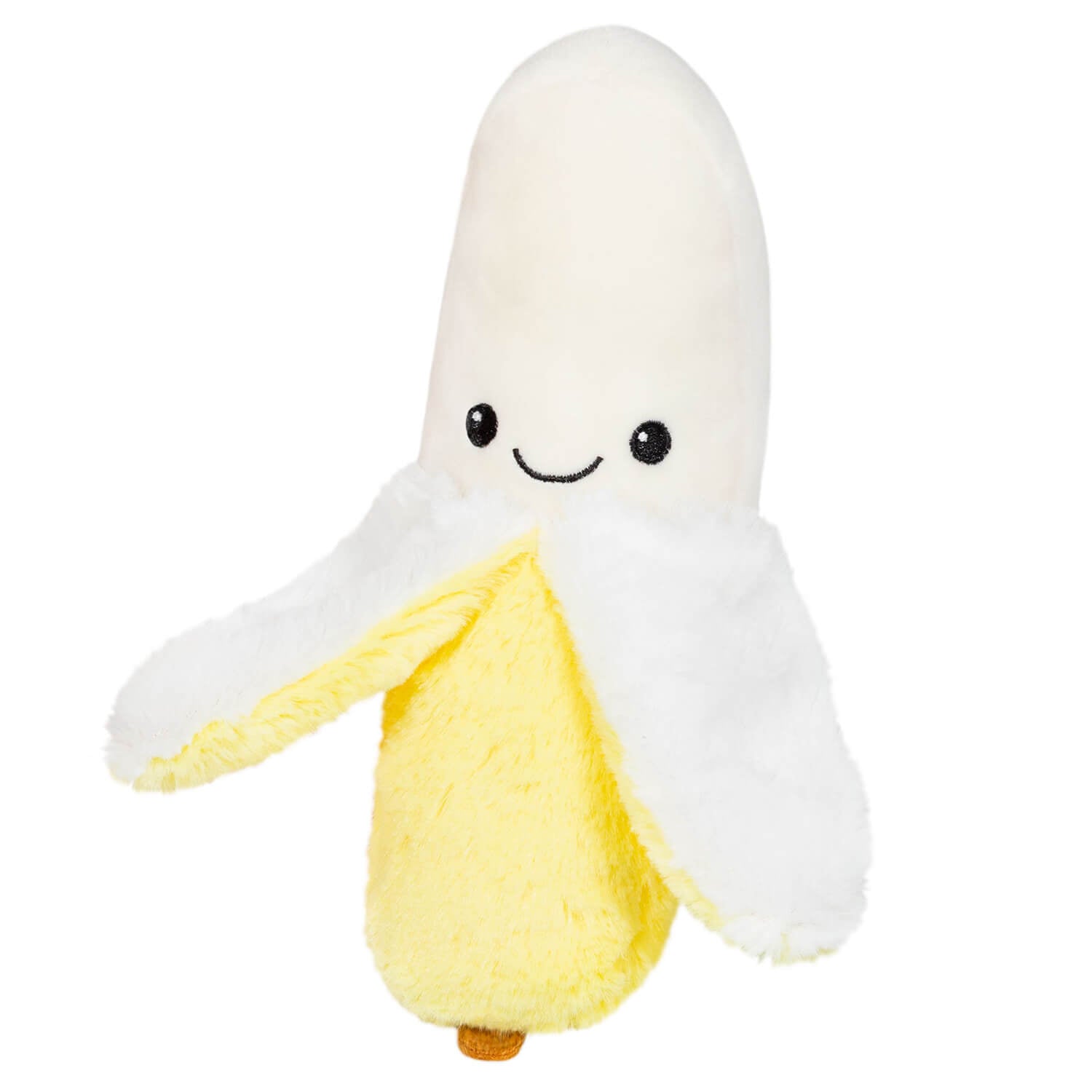 Squishables Snugglemi Snackers Banana is white with a yellow banana peel and a smiley face.