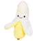 Squishables Snugglemi Snackers Banana is white with a yellow banana peel and a smiley face.