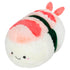 Front angle of the Snugglemi Snackers Shrimp Sushi plush from Squishables. Primarly white with pink.